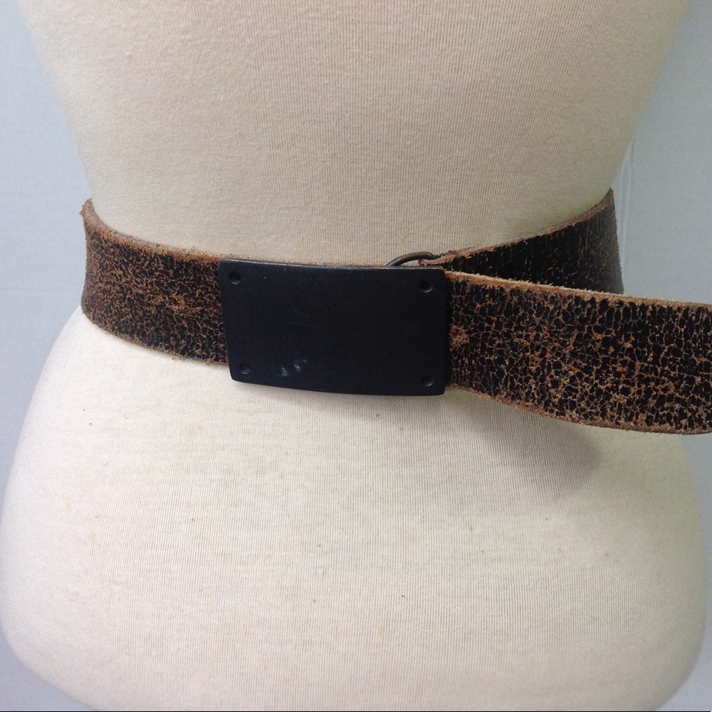 Brown Leather Belt Distressed Metal Buckle Mens